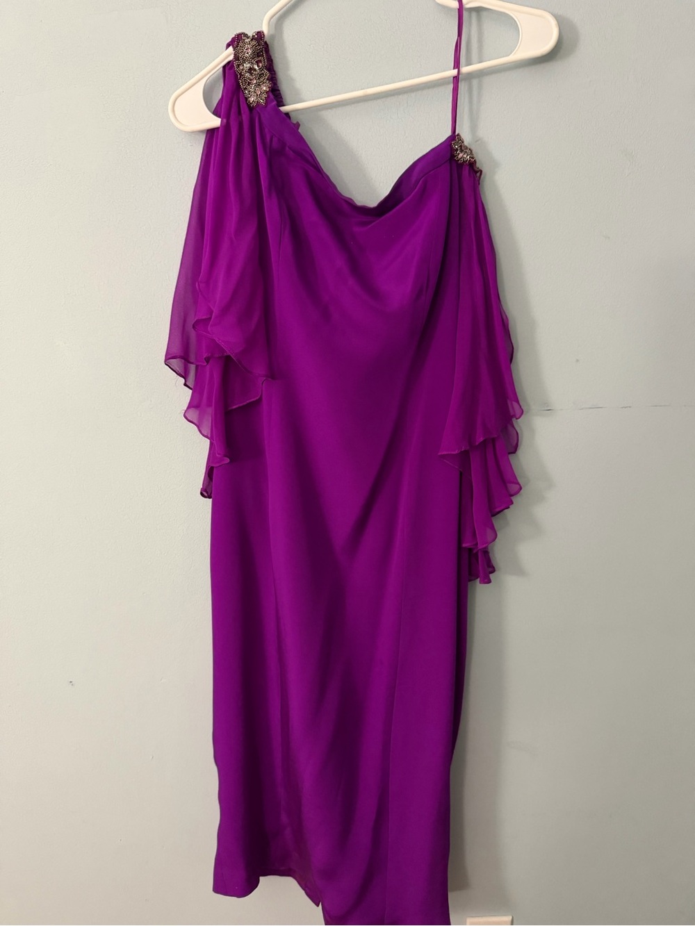 Theia Fuchsia One-Shoulder Draped Evening Dress with Beaded Accents